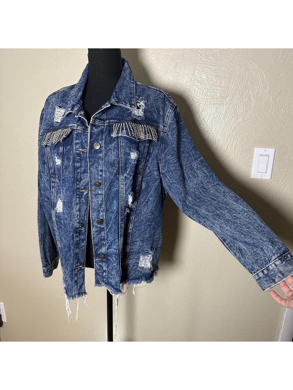Thrill Jeans Y2K McBling Rhinestone Fringe Distressed Denim Jacket 2X Grunge